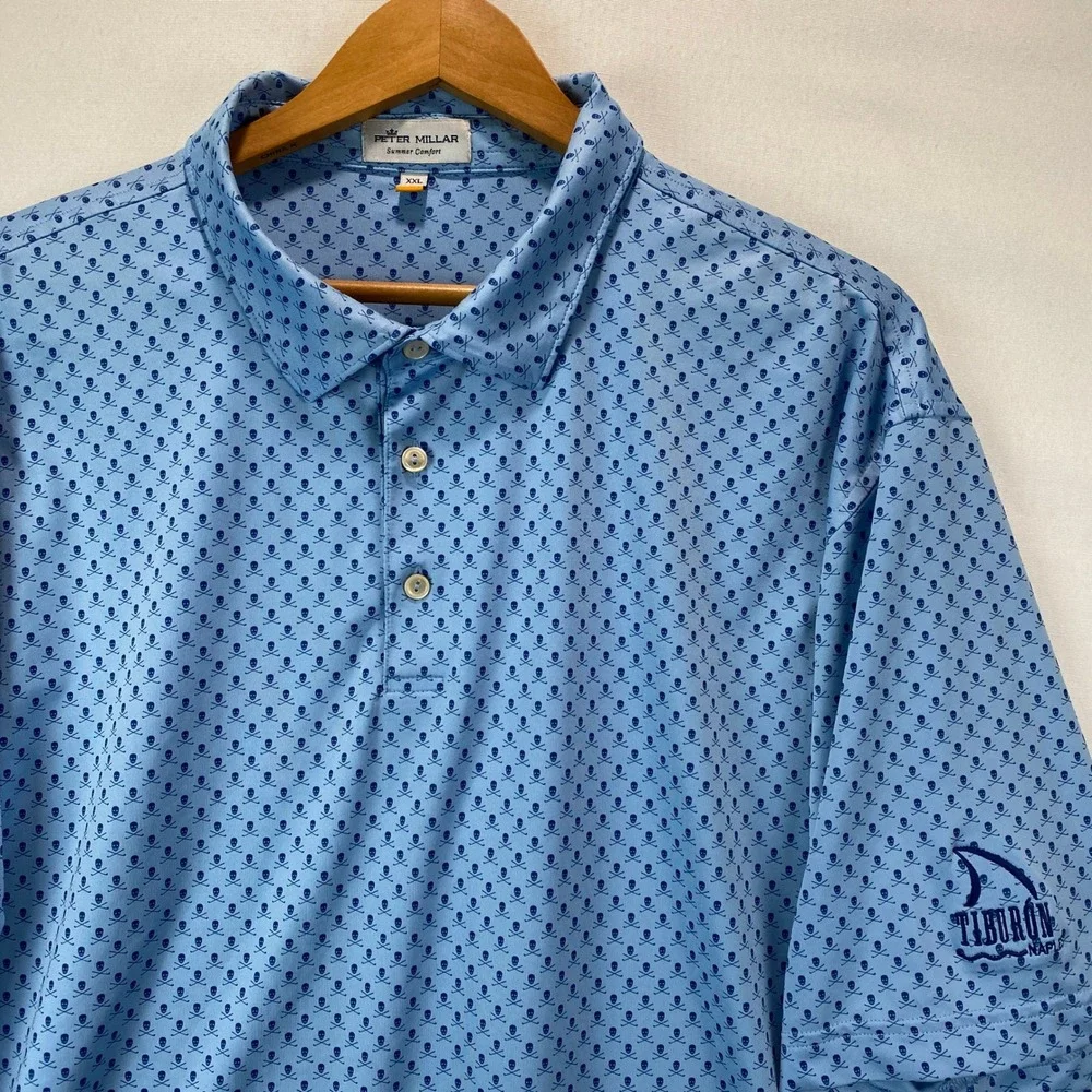 Peter Millar Summer Comfort Men XXL Blue Skull Crossbones Golf Polo Tiburon Logo